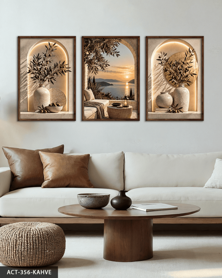 Deniz Manzarası ve Zeytin 3 Parça Ahşap Çerçeveli Tablo ACT Kahverengi - 30 x 40 CM