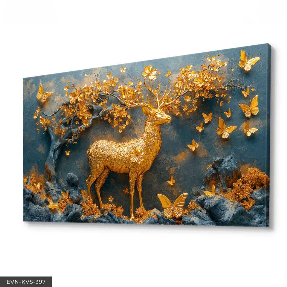 Gold Geyik Gold Çiçekler Tek Parça Kanvas - Canvas Tablo 140 x 90 CM - Çok Renkli