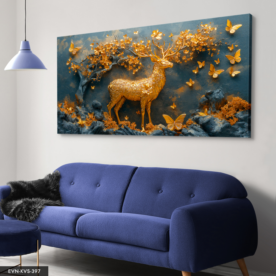 Gold Geyik Gold Çiçekler Tek Parça Kanvas - Canvas Tablo 140 x 90 CM - Çok Renkli