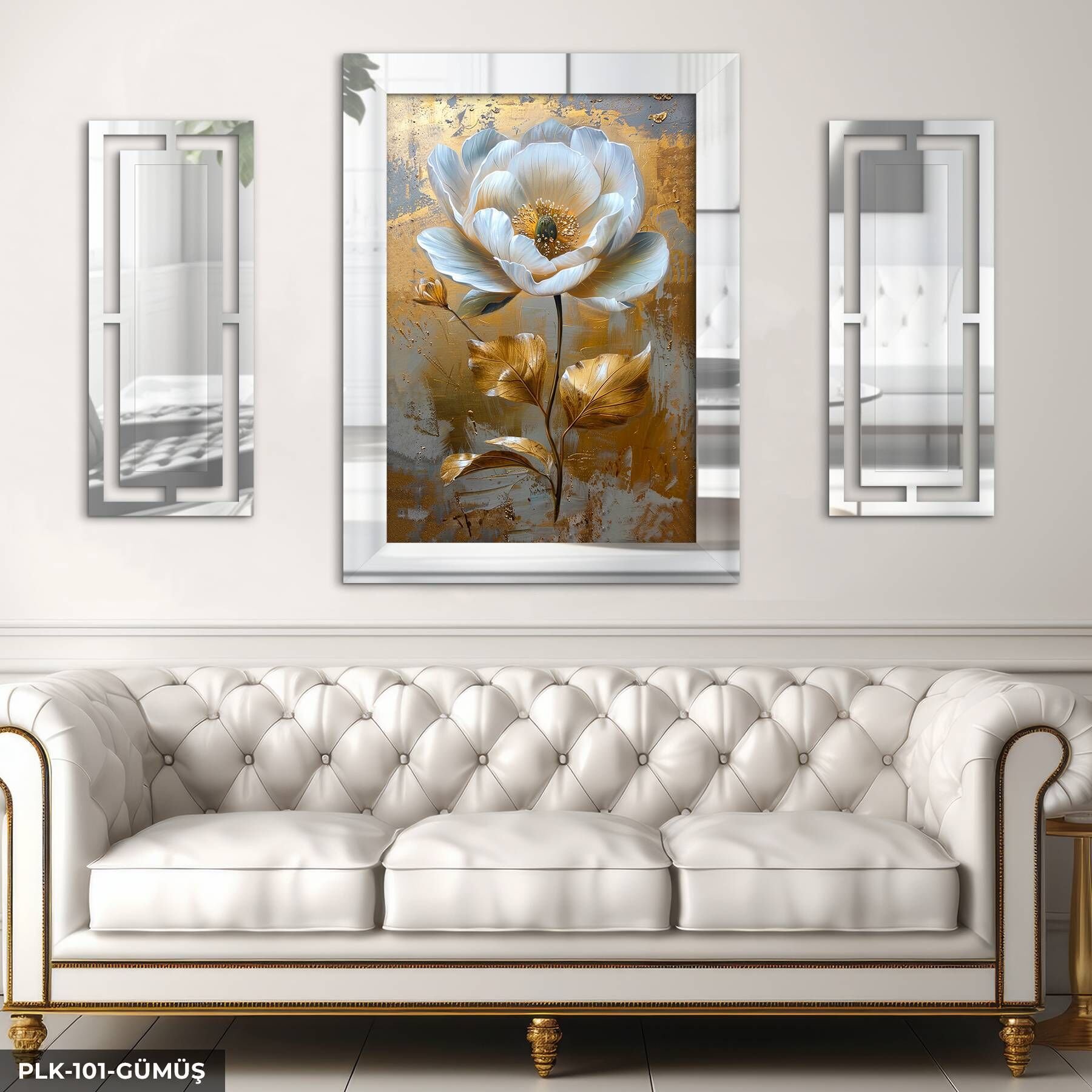 Gold Yapraklı Beyaz Çiçek Yan Dekorlu 3 Parça Pleksi Tablo DKRPLK Gümüş - 110 x 80 CM