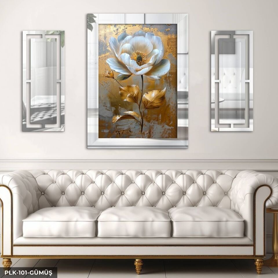 Gold Yapraklı Beyaz Çiçek Yan Dekorlu 3 Parça Pleksi Tablo DKRPLK Gümüş - 110 x 80 CM