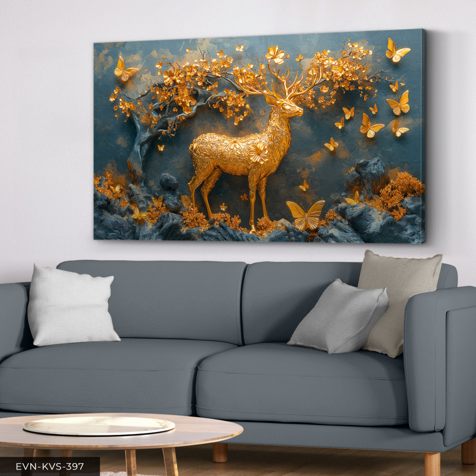Gold Geyik Gold Çiçekler Tek Parça Kanvas - Canvas Tablo 140 x 90 CM - Çok Renkli