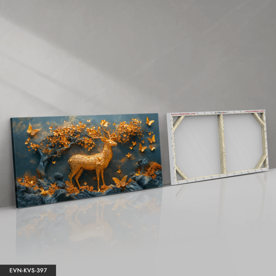 Gold Geyik Gold Çiçekler Tek Parça Kanvas - Canvas Tablo 140 x 90 CM - Çok Renkli