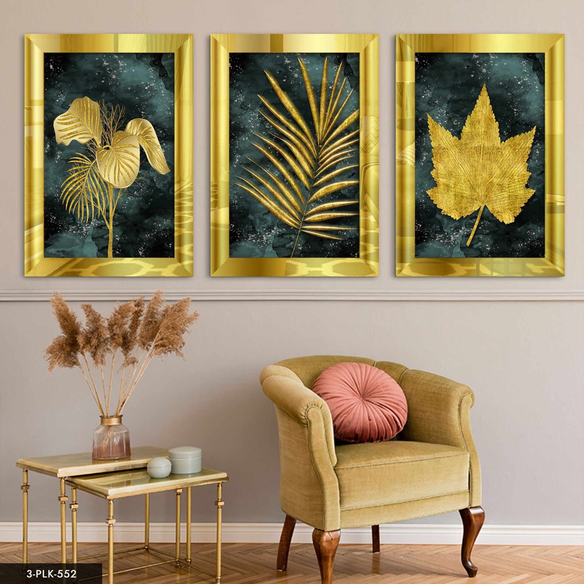 Çiçek Yaprak 3 Parça Pleksi Aynalı Tablo 60 x 80 CM - Gold