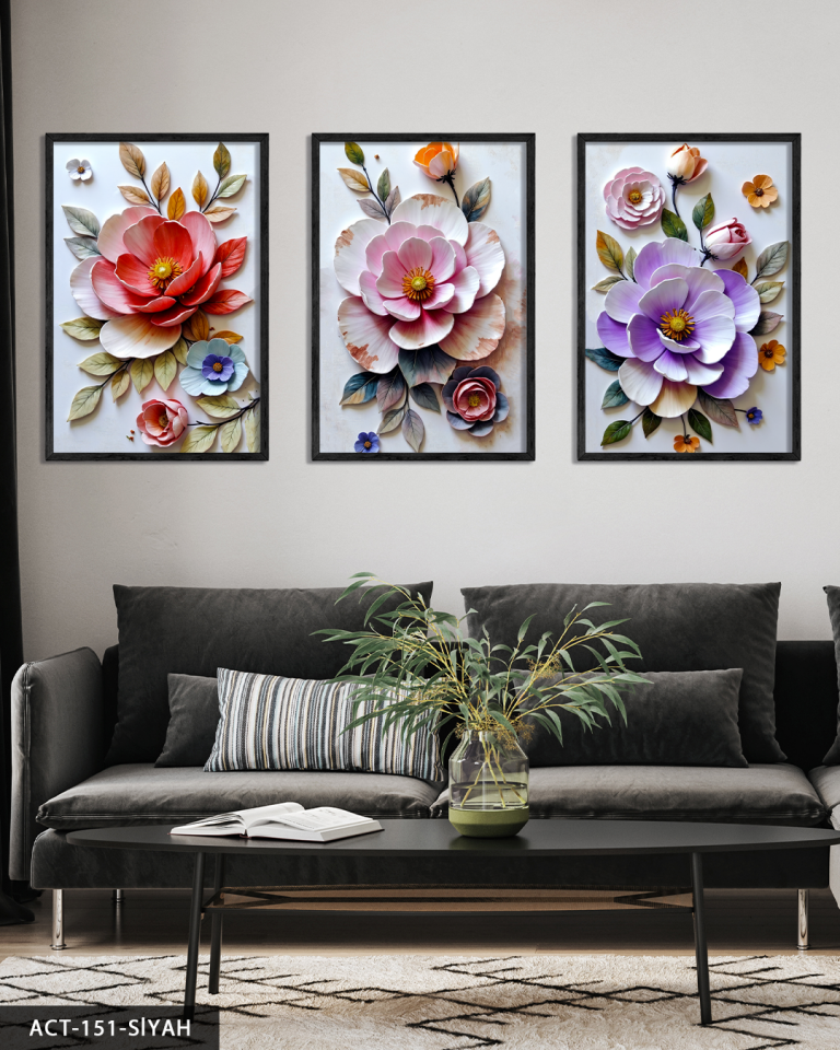 Renkli Çiçekler 3 Parça Ahşap Çerçeveli Tablo ACT Siyah - 30 x 40 CM