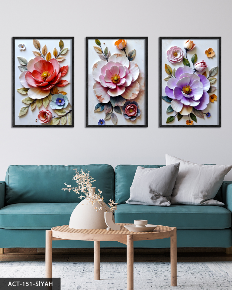 Renkli Çiçekler 3 Parça Ahşap Çerçeveli Tablo ACT Siyah - 30 x 40 CM