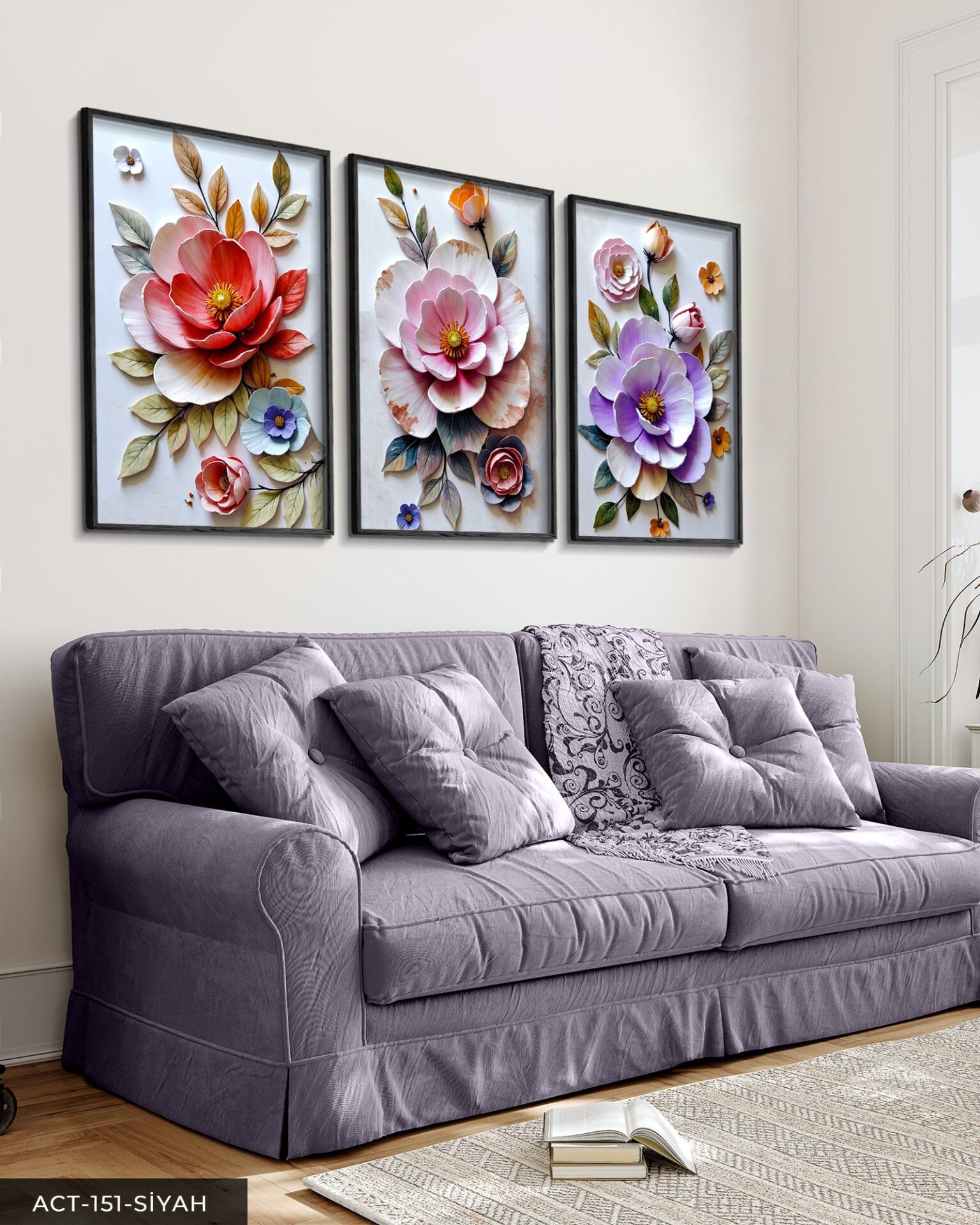 Renkli Çiçekler 3 Parça Ahşap Çerçeveli Tablo ACT Siyah - 30 x 40 CM