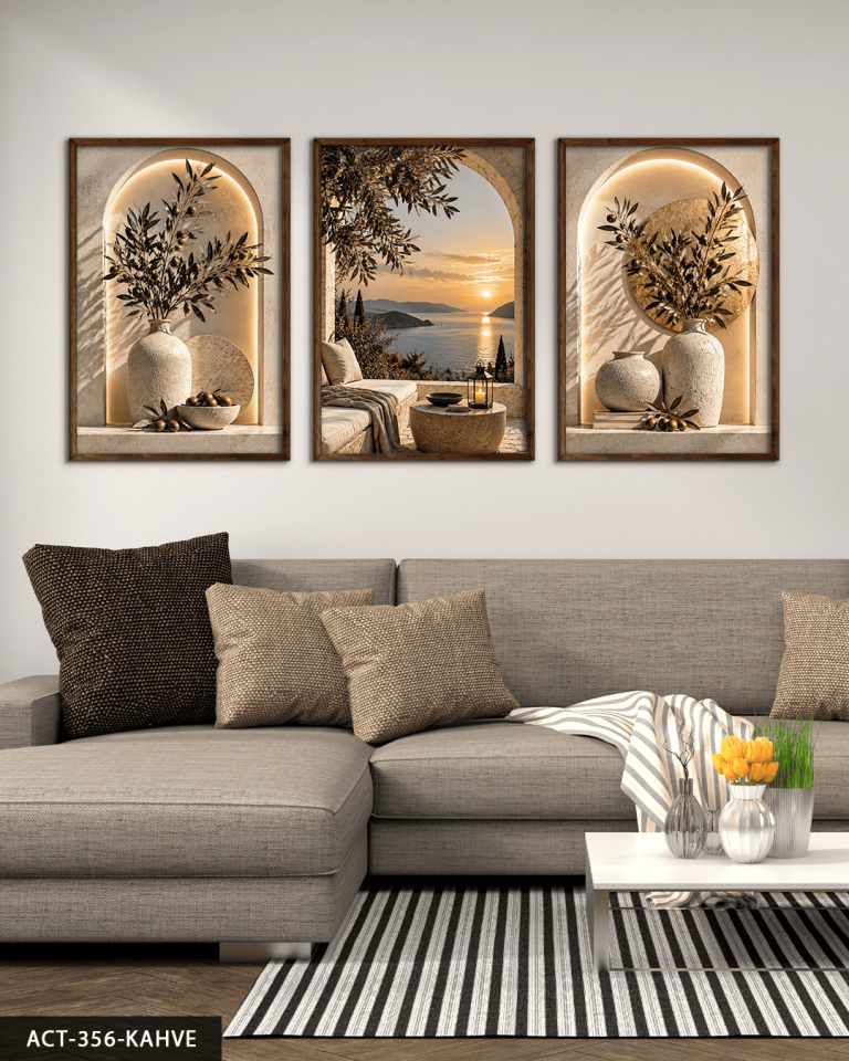 Deniz Manzarası ve Zeytin 3 Parça Ahşap Çerçeveli Tablo ACT Kahverengi - 50 x 70 CM