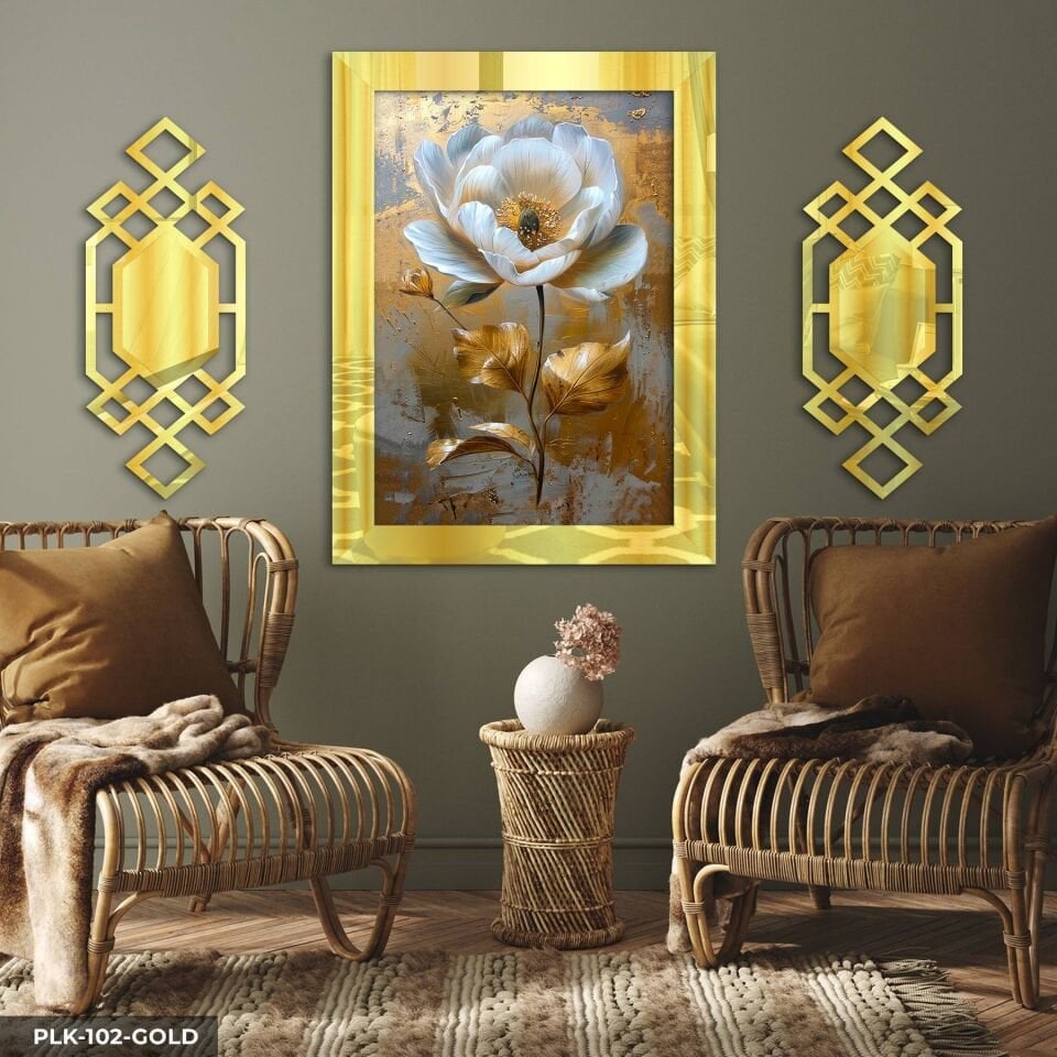 Gold Yapraklı Beyaz Çiçek Yan Dekorlu 3 Parça Pleksi Tablo DKRPLK Gold - 110 x 80 CM