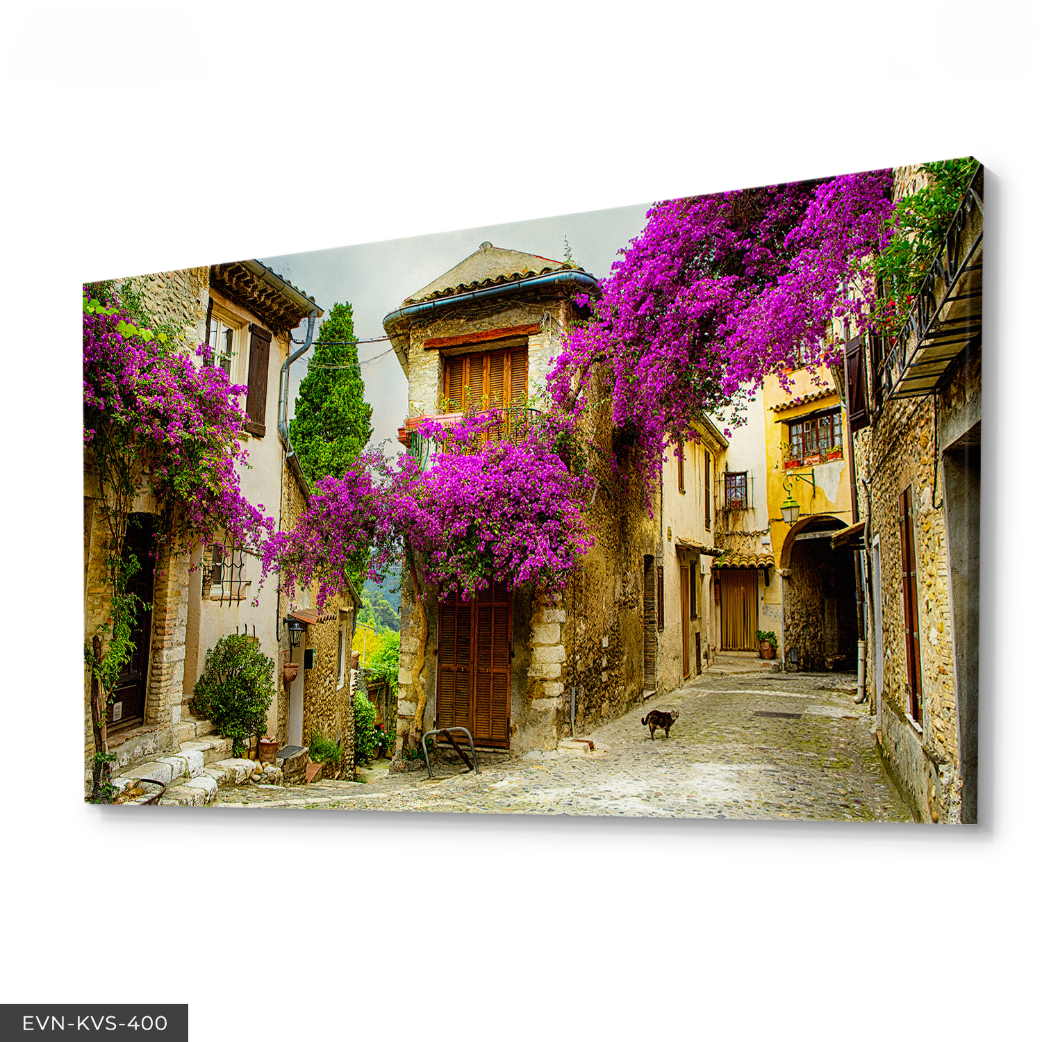 Begonvillerle Bezenmiş Taş Sokak Tek Parça Kanvas - Canvas Tablo 140 x 90 CM - Çok Renkli