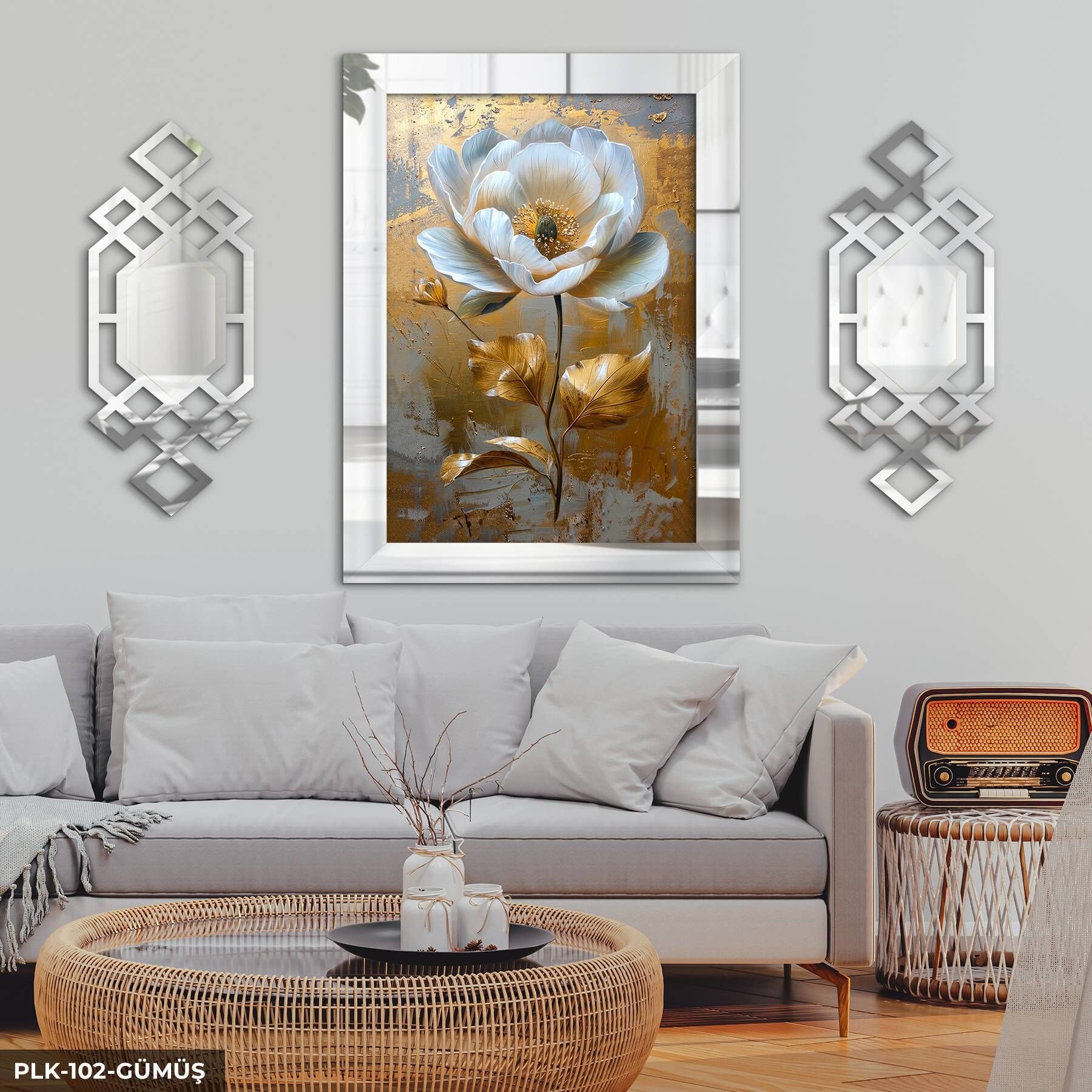 Gold Yapraklı Beyaz Çiçek Yan Dekorlu 3 Parça Pleksi Tablo DKRPLK Gümüş - 110 x 80 CM