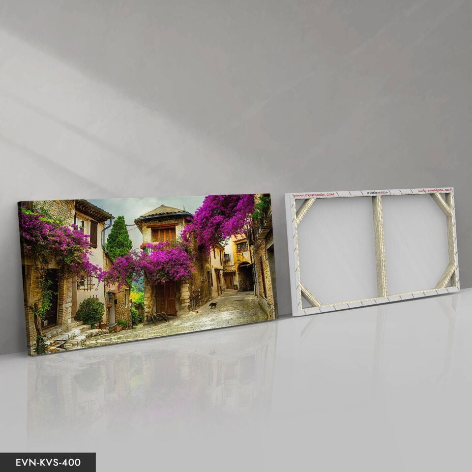 Begonvillerle Bezenmiş Taş Sokak Tek Parça Kanvas - Canvas Tablo