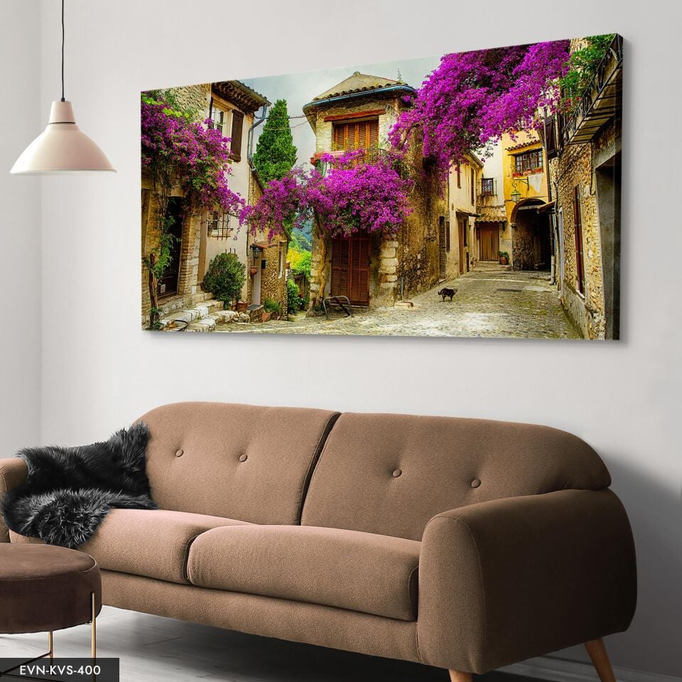 Begonvillerle Bezenmiş Taş Sokak Tek Parça Kanvas - Canvas Tablo