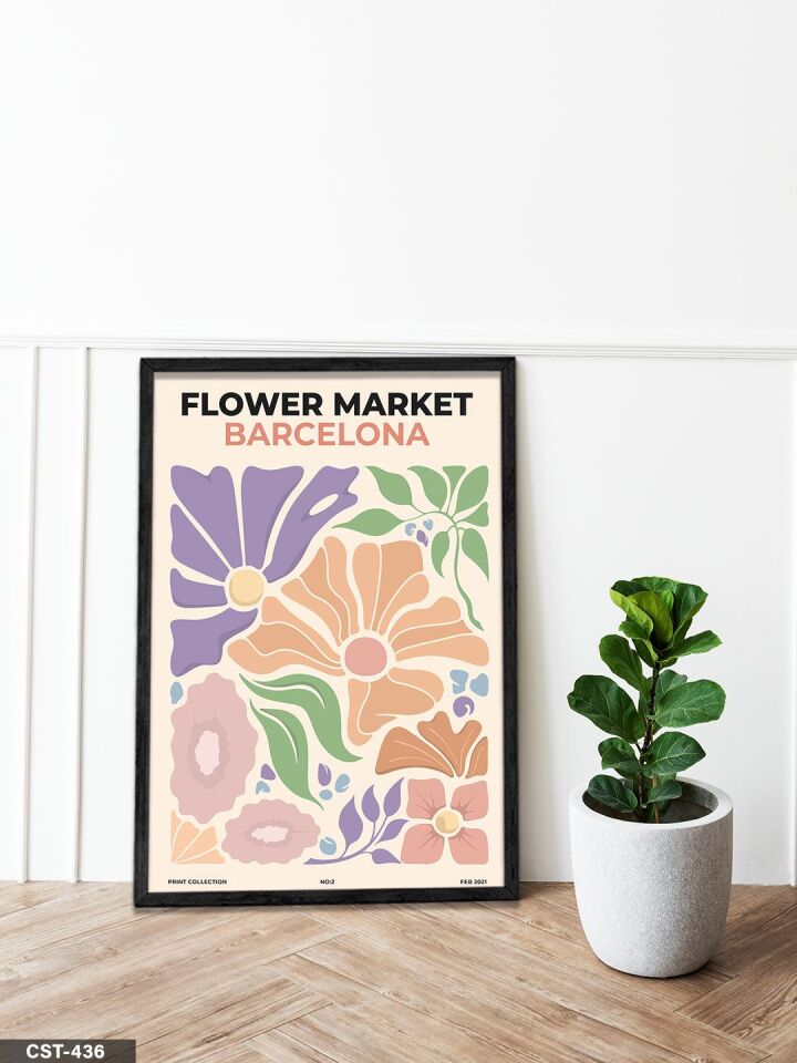 Flower Market Barcelona Tek Parça Ahşap Çerçeveli Tablo Siyah - 30 x 40 CM