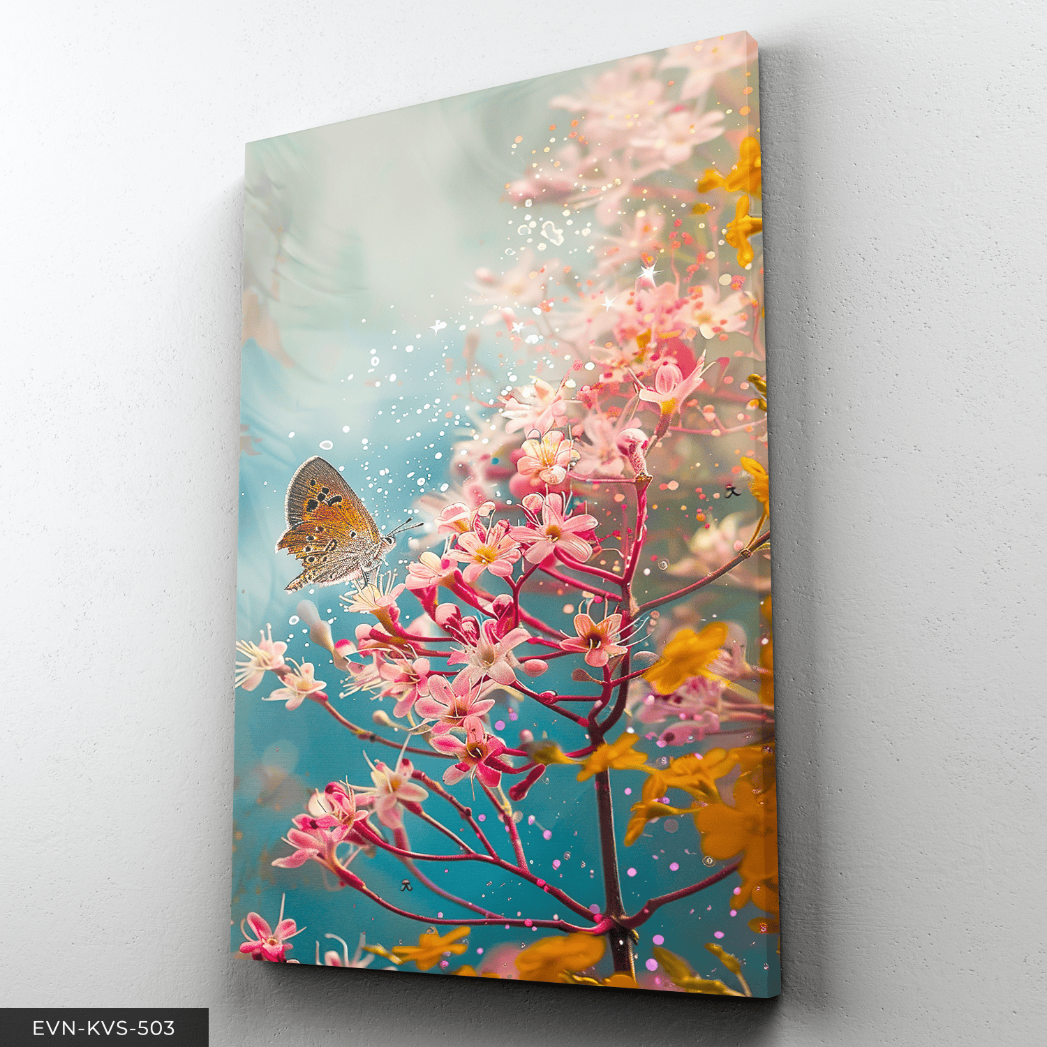 Pembe Çiçek ve Kelebek Tek Parça Kanvas - Canvas Tablo 65 x 45 CM - Çok Renkli