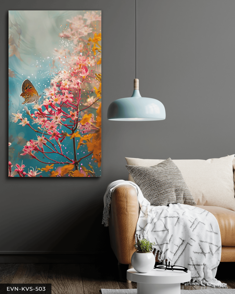 Pembe Çiçek ve Kelebek Tek Parça Kanvas - Canvas Tablo 65 x 45 CM - Çok Renkli