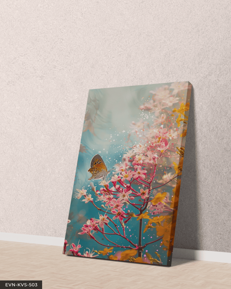 Pembe Çiçek ve Kelebek Tek Parça Kanvas - Canvas Tablo 65 x 45 CM - Çok Renkli