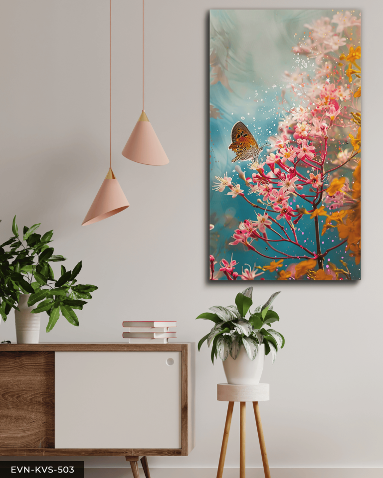 Pembe Çiçek ve Kelebek Tek Parça Kanvas - Canvas Tablo 65 x 45 CM - Çok Renkli