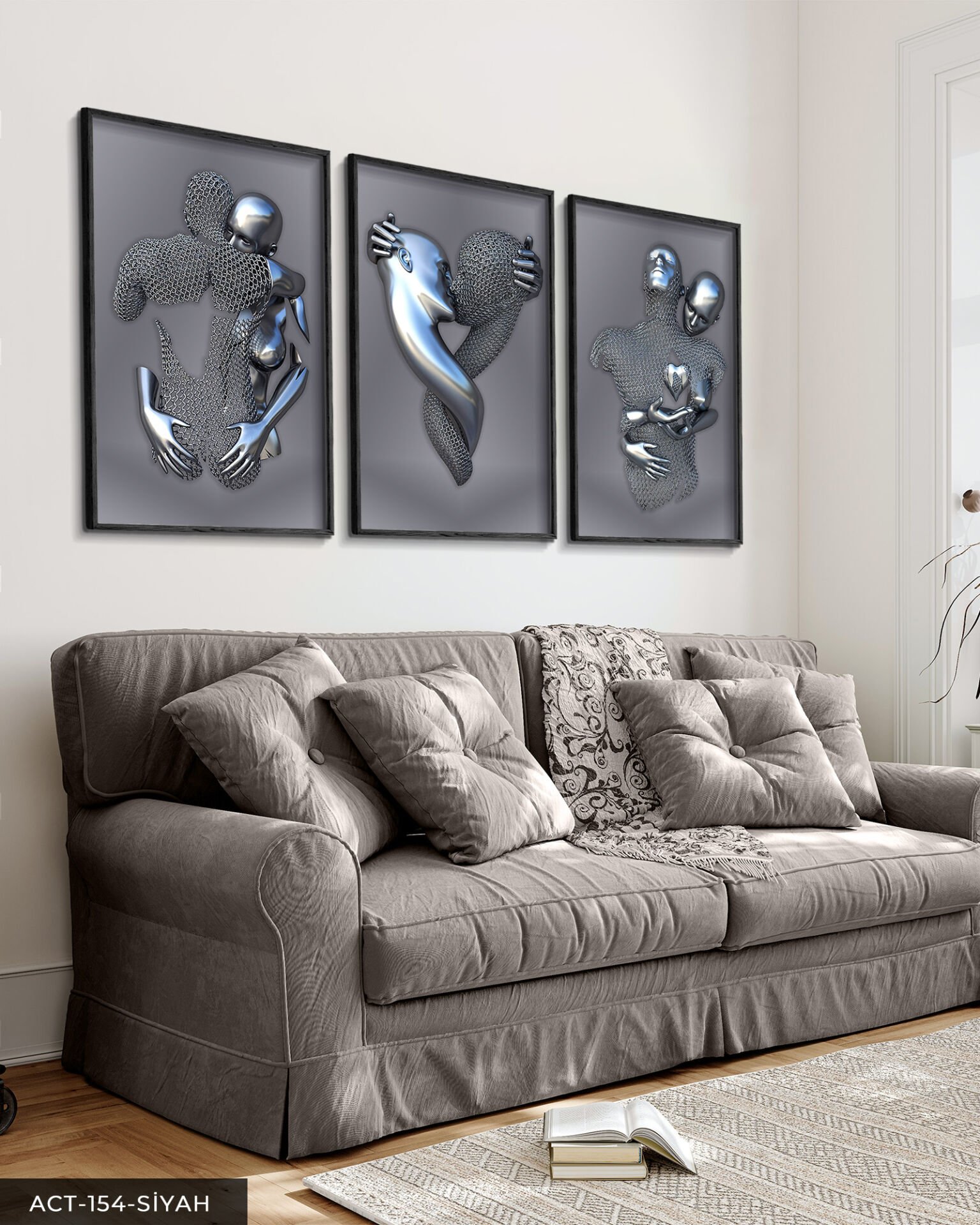 Modern Birleşme Aşk Temalı Sanatsal 3 Parça Ahşap Çerçeveli Tablo Siyah - 30 x 40 CM