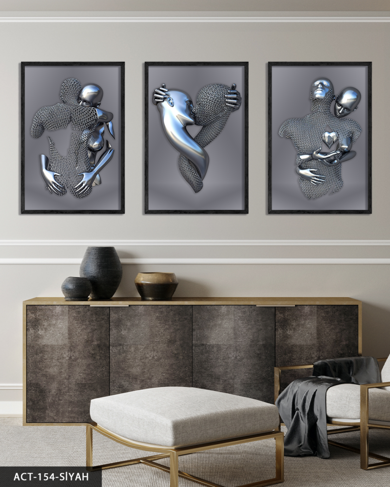 Modern Birleşme Aşk Temalı Sanatsal 3 Parça Ahşap Çerçeveli Tablo Siyah - 30 x 40 CM