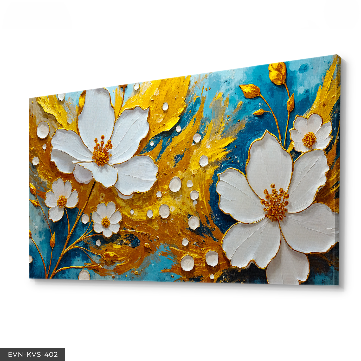 Gold Detaylı Beyaz Çiçek Tek Parça Kanvas - Canvas Tablo 140 x 90 CM - Çok Renkli