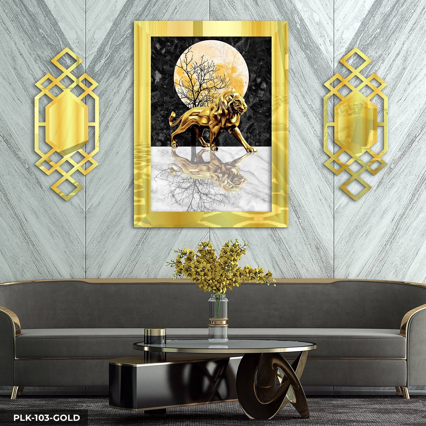 Gold Aslan Yan Dekorlu 3 Parça Pleksi Tablo DKRPLK Gold - 110 x 80 CM