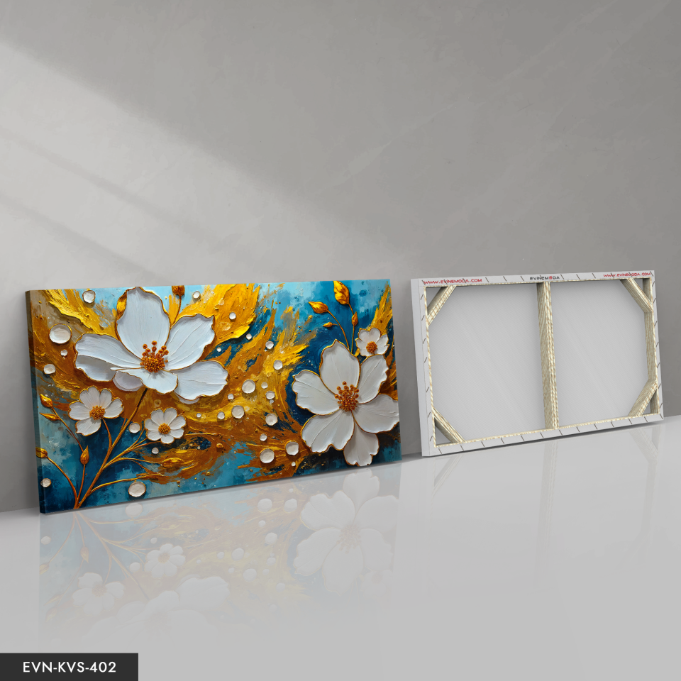 Gold Detaylı Beyaz Çiçek Tek Parça Kanvas - Canvas Tablo 140 x 90 CM - Çok Renkli