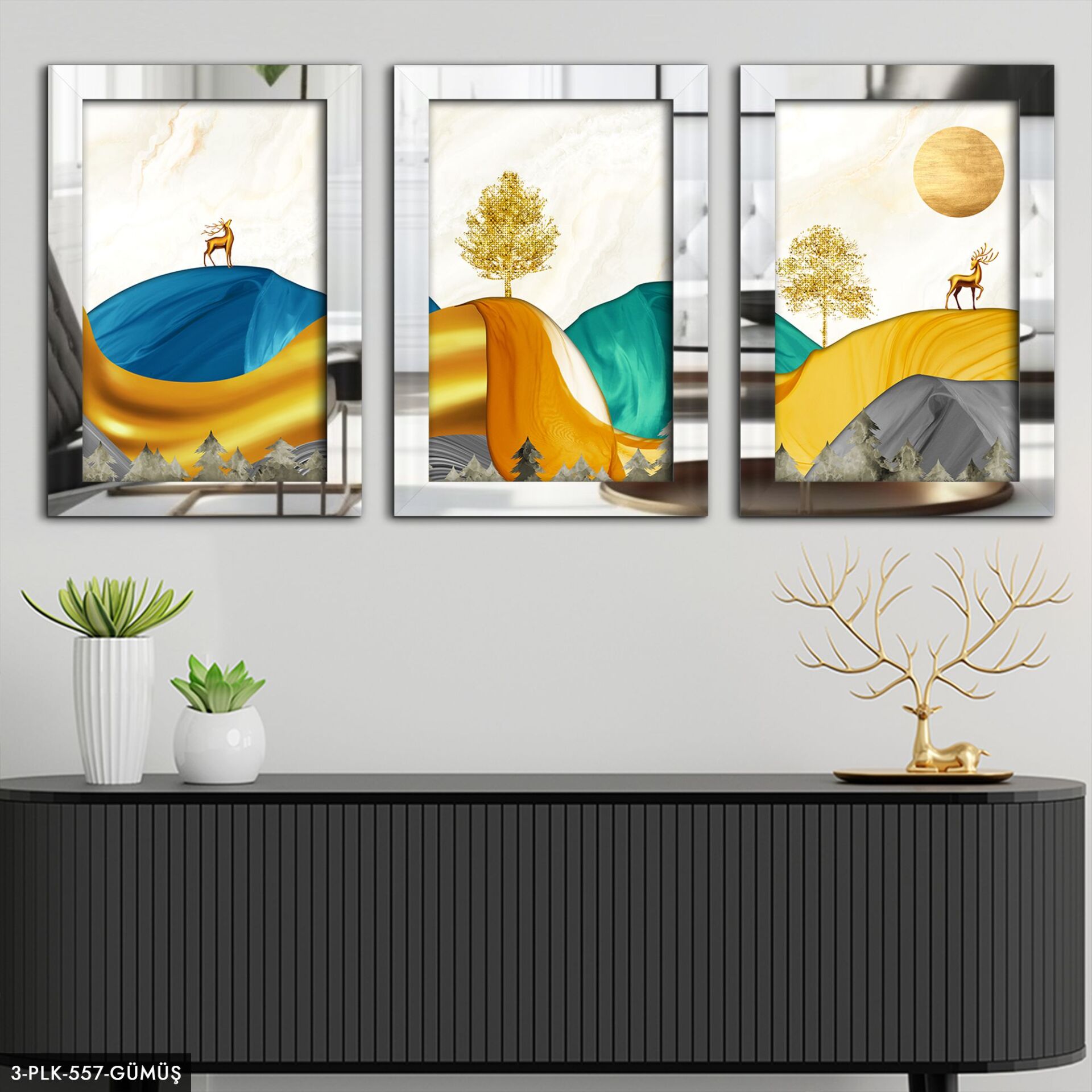 Soyut Doğa 3 Parça Pleksi Aynalı Tablo 60 x 80 CM - Gümüş