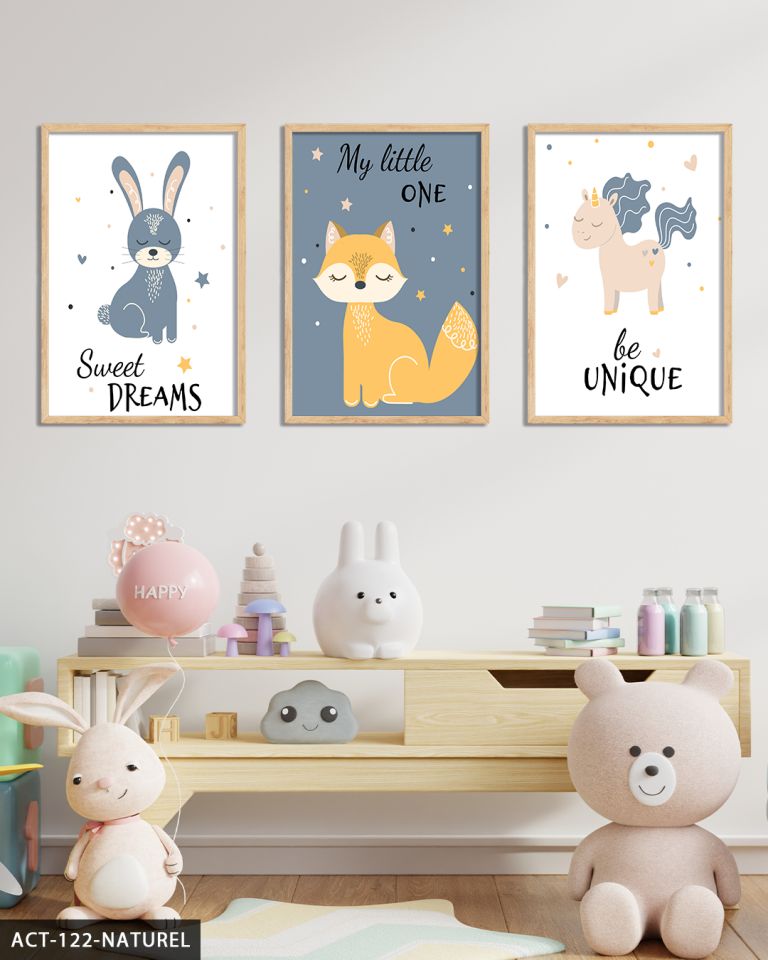 Hayvan Temalı Çocuk Odası 3 Parça Ahşap Çerçeveli Tablo ACT Naturel - 20 x 30 CM