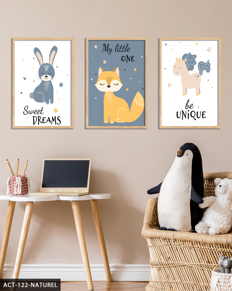 Hayvan Temalı Çocuk Odası 3 Parça Ahşap Çerçeveli Tablo ACT Naturel - 20 x 30 CM