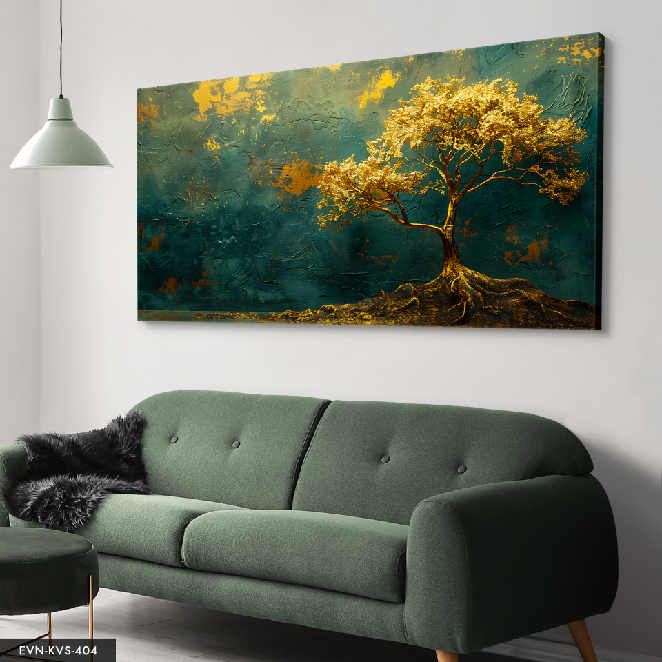 Gold Detaylı Ağaç Tek Parça Kanvas - Canvas Tablo 140 x 90 CM - Çok Renkli