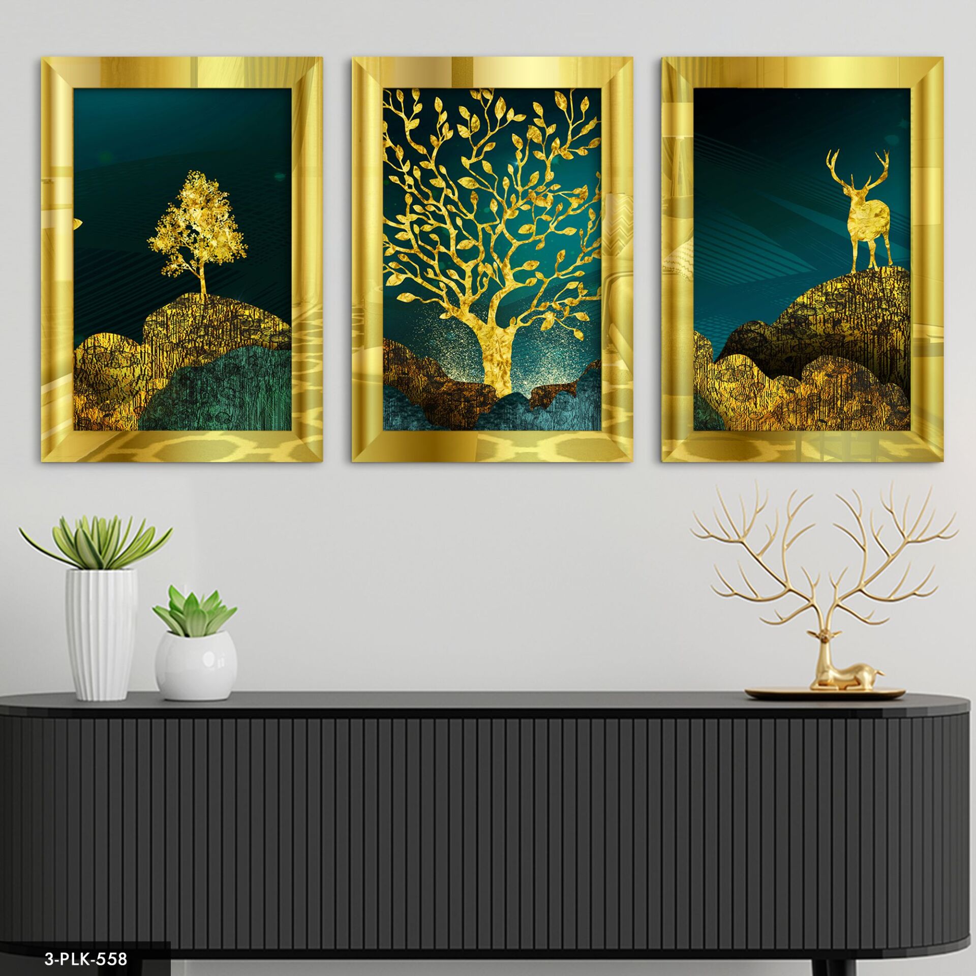Soyut Doğa 3 Parça Pleksi Aynalı Tablo 60 x 80 CM - Gold