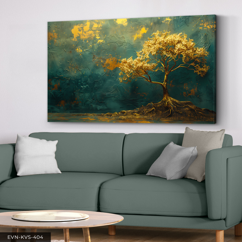 Gold Detaylı Ağaç Tek Parça Kanvas - Canvas Tablo 140 x 90 CM - Çok Renkli