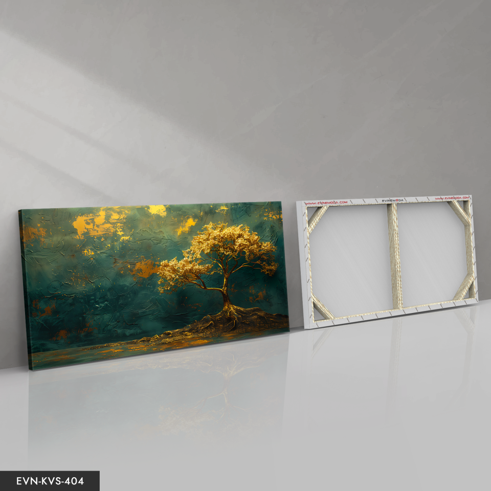 Gold Detaylı Ağaç Tek Parça Kanvas - Canvas Tablo 140 x 90 CM - Çok Renkli