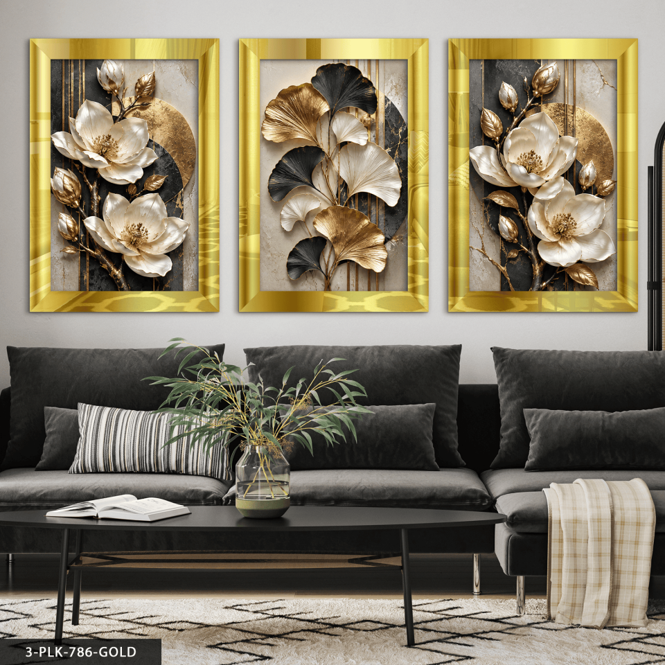 Dokulu Görünüm Gold Yapraklı Beyaz Çiçek 3 Parça Pleksi Aynalı Tablo 30 x 40 CM - Gold