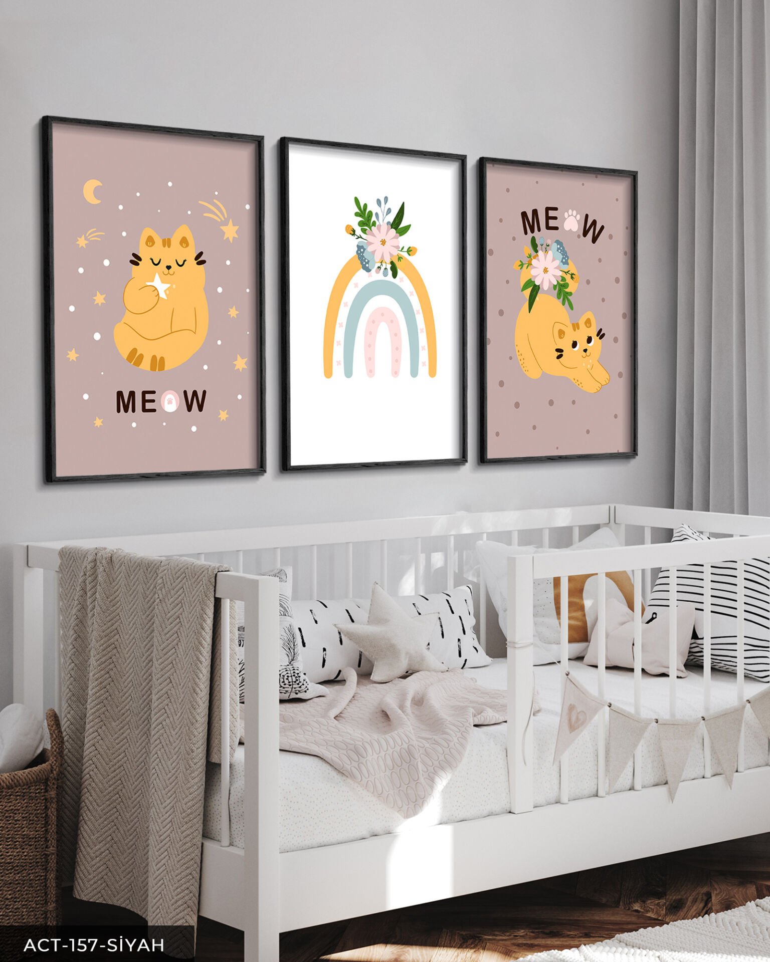 Sevimli Kedi ve Gökkuşağı 3 Parça Ahşap Çerçeveli Tablo ACT Siyah - 30 x 40 CM