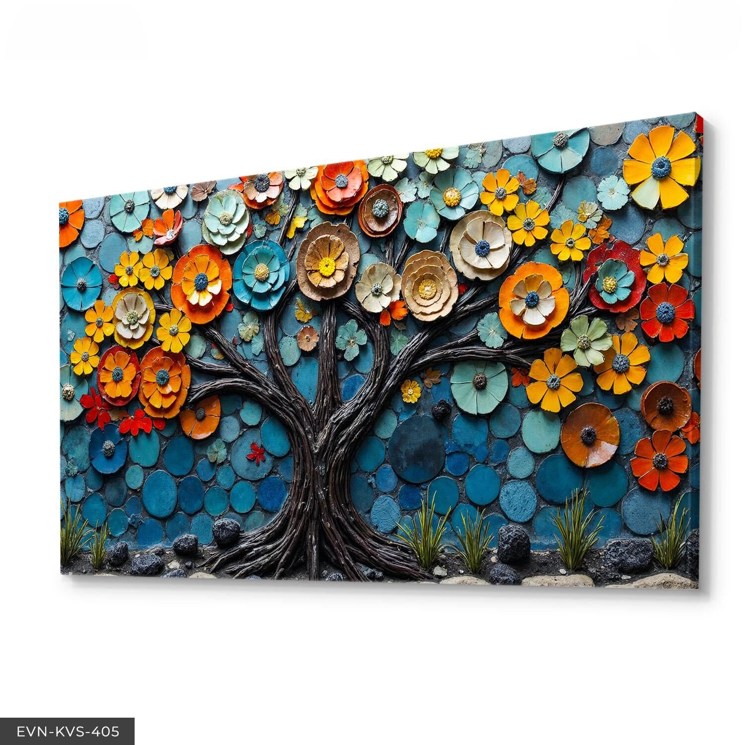 Renkli Çiçeklerle Doku Görünümlü Ağaç Tek Parça Kanvas - Canvas Tablo 40 x 30 CM - Çok Renkli