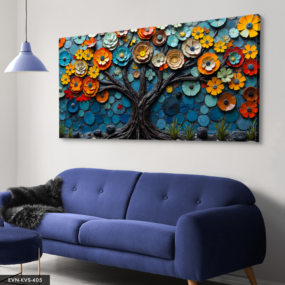 Renkli Çiçeklerle Doku Görünümlü Ağaç Tek Parça Kanvas - Canvas Tablo 140 x 90 CM - Çok Renkli