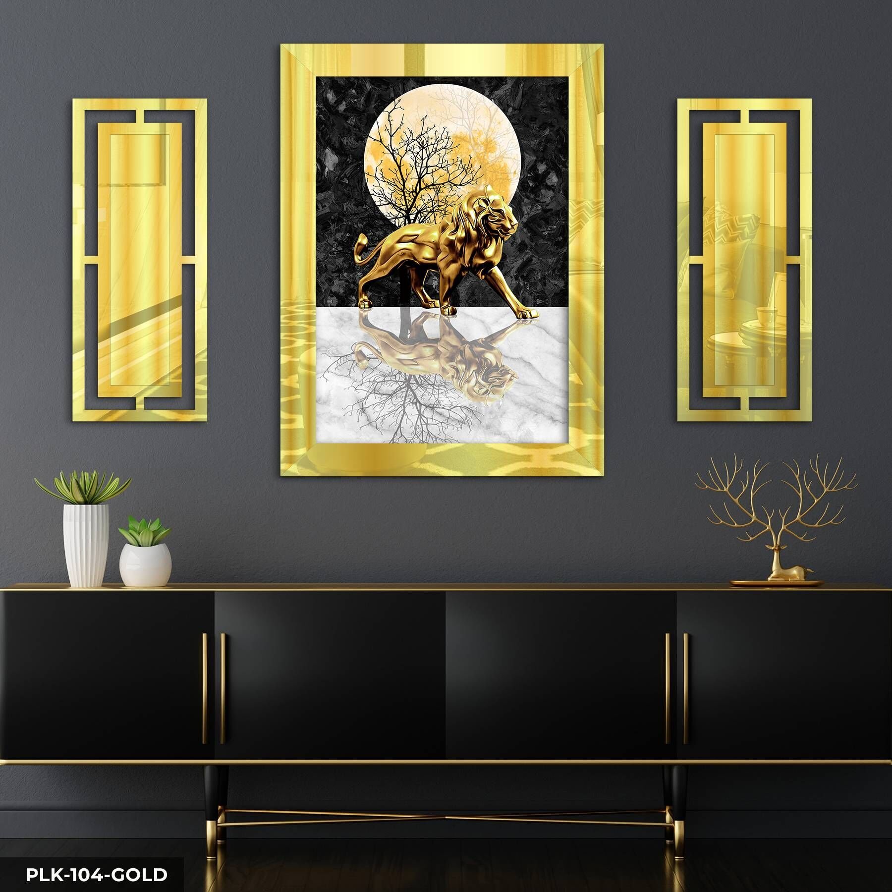 Gold Aslan Yan Dekorlu 3 Parça Pleksi Tablo DKRPLK Gold - 110 x 80 CM