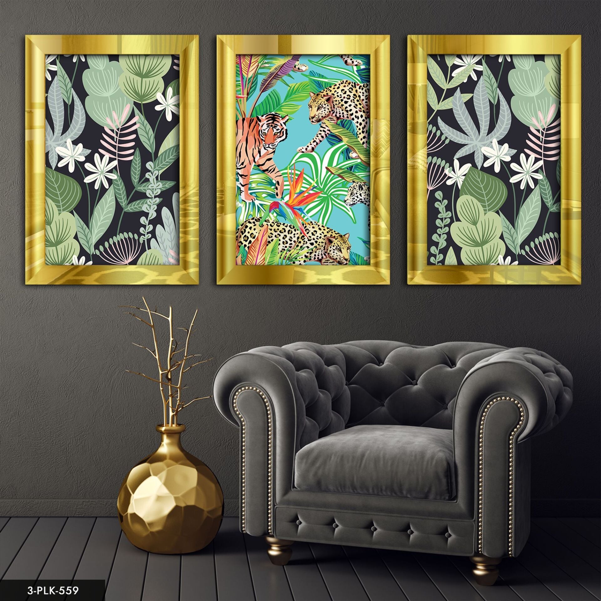 Yapraklar Doğa 3 Parça Pleksi Aynalı Tablo 60 x 80 CM - Gold