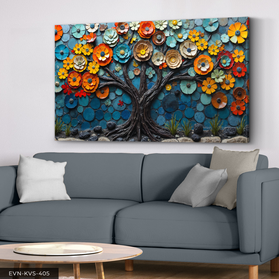 Renkli Çiçeklerle Doku Görünümlü Ağaç Tek Parça Kanvas - Canvas Tablo 140 x 90 CM - Çok Renkli