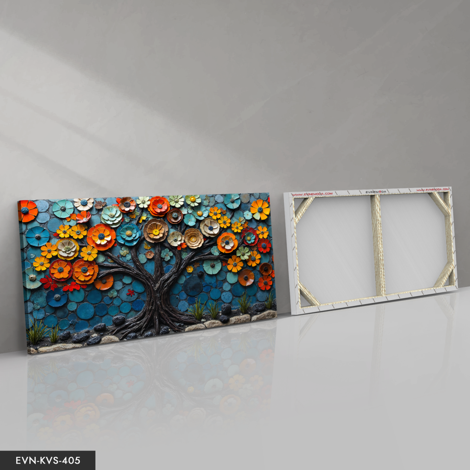 Renkli Çiçeklerle Doku Görünümlü Ağaç Tek Parça Kanvas - Canvas Tablo 140 x 90 CM - Çok Renkli