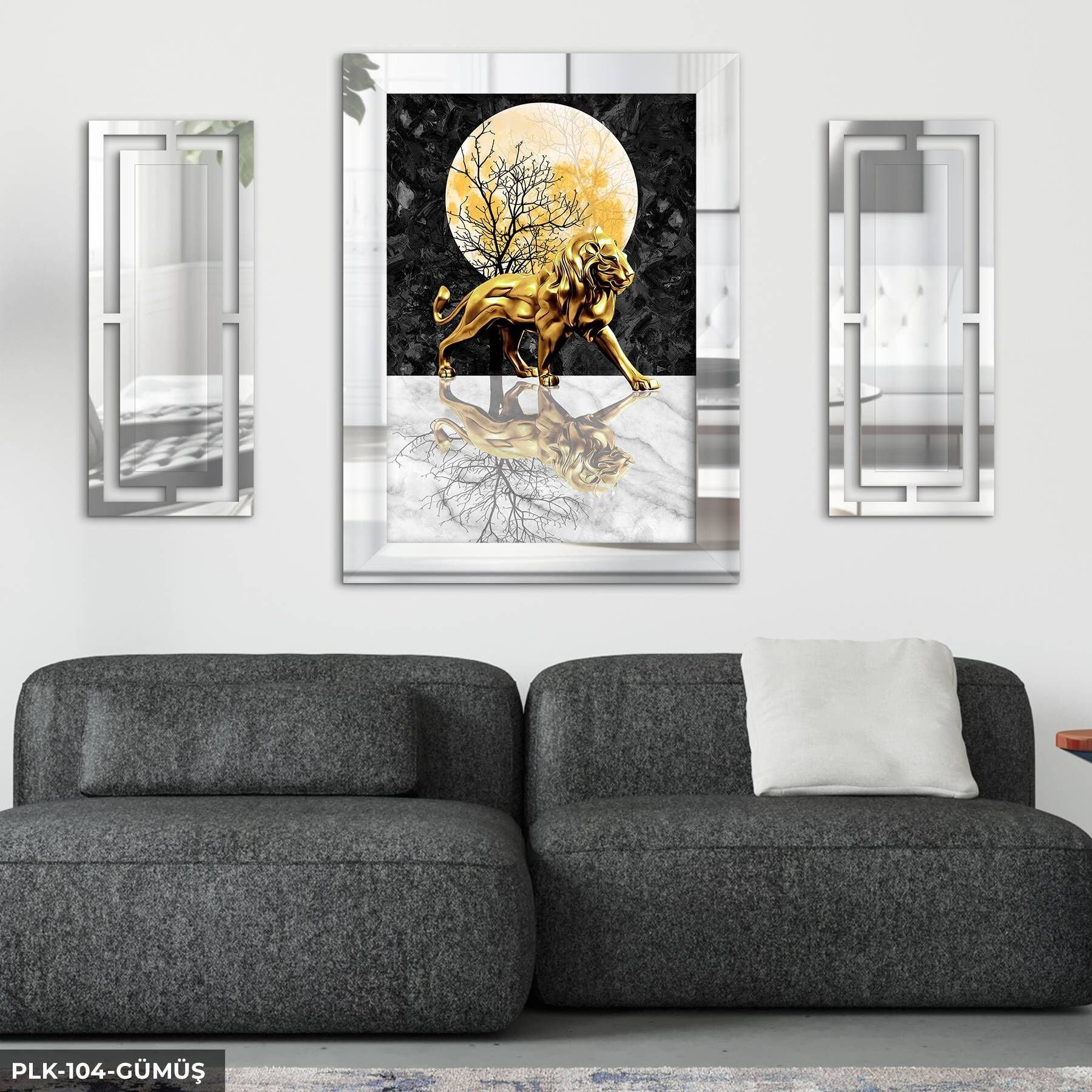 Gold Aslan Yan Dekorlu 3 Parça Pleksi Tablo DKRPLK Gümüş - 110 x 80 CM