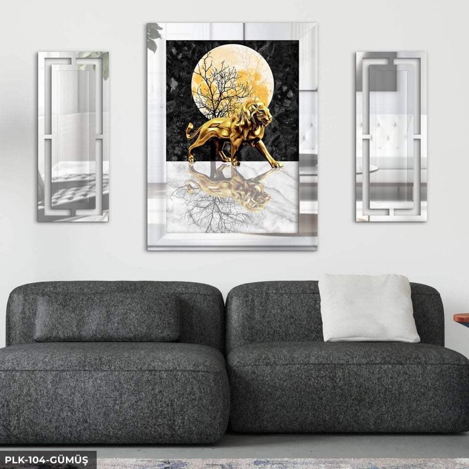 Gold Aslan Yan Dekorlu 3 Parça Pleksi Tablo DKRPLK Gümüş - 110 x 80 CM