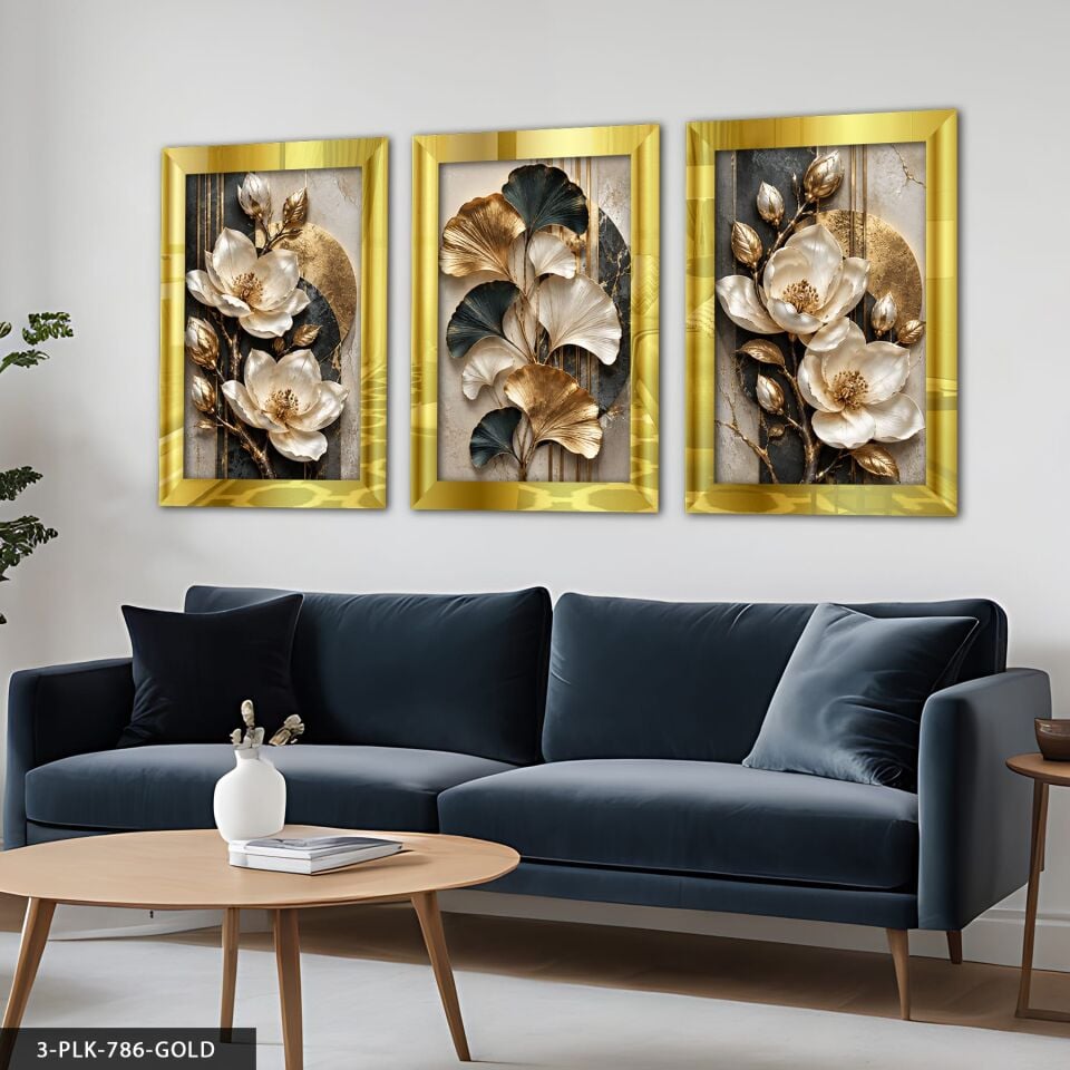Dokulu Görünüm Gold Yapraklı Beyaz Çiçek 3 Parça Pleksi Aynalı Tablo 50 x 70 CM - Gold