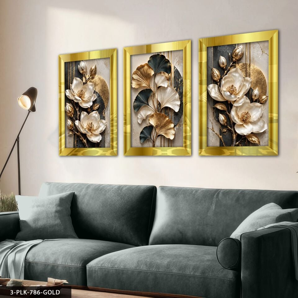 Dokulu Görünüm Gold Yapraklı Beyaz Çiçek 3 Parça Pleksi Aynalı Tablo 50 x 70 CM - Gold
