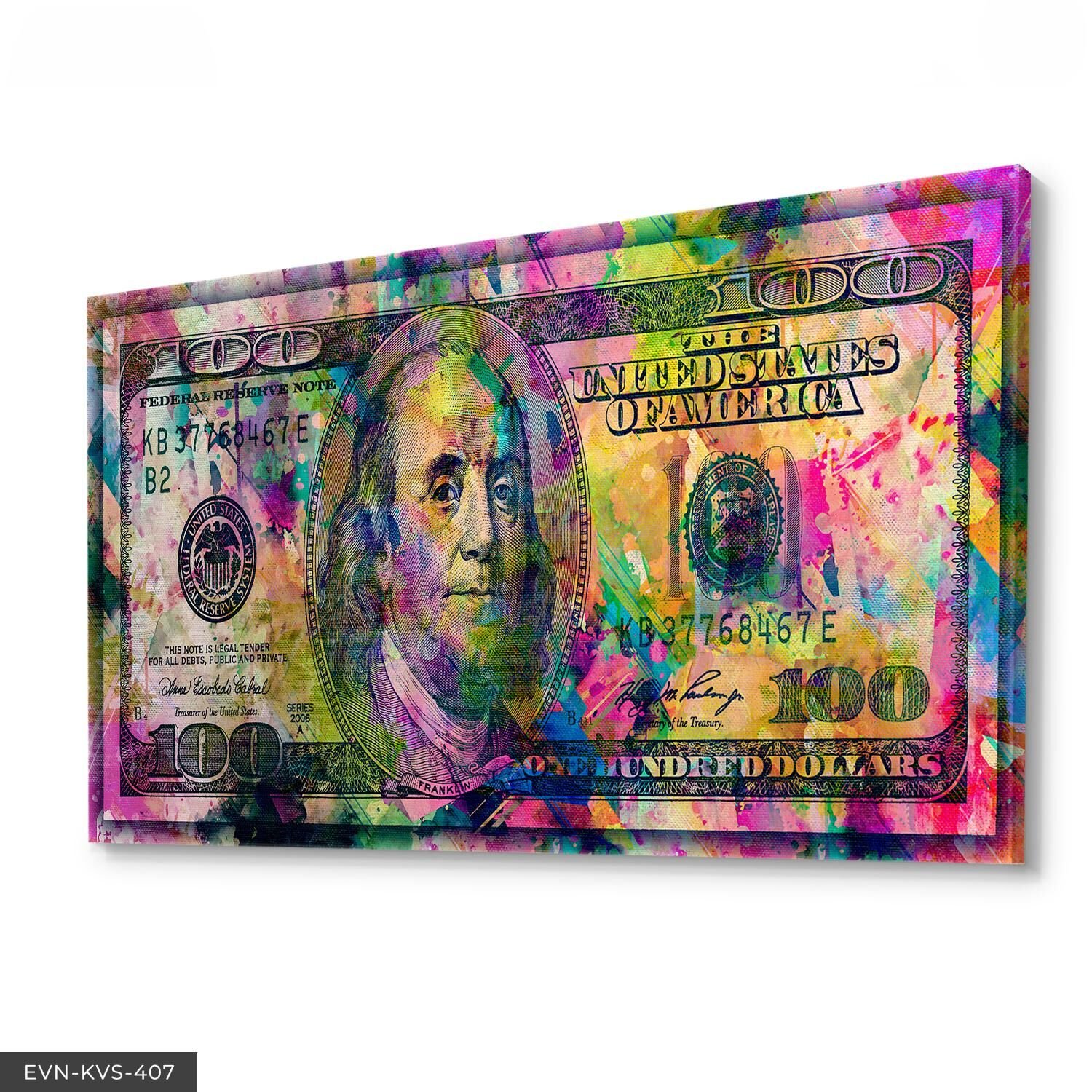 Renkli 100 Dolar Tek Parça Kanvas - Canvas Tablo 40 x 30 CM - Çok Renkli