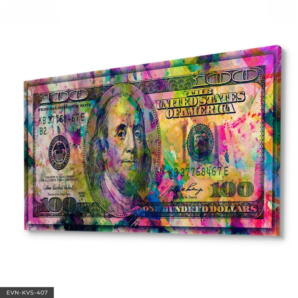 Renkli 100 Dolar Tek Parça Kanvas - Canvas Tablo