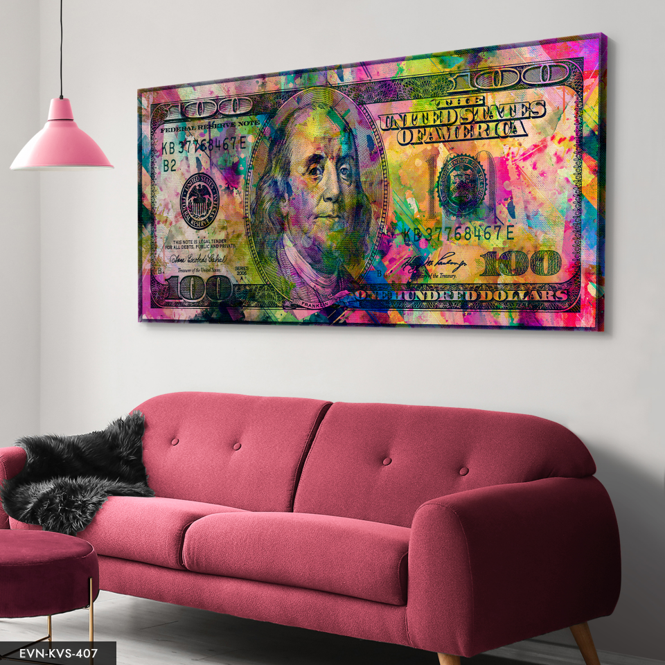 Renkli 100 Dolar Tek Parça Kanvas - Canvas Tablo 140 x 90 CM - Çok Renkli