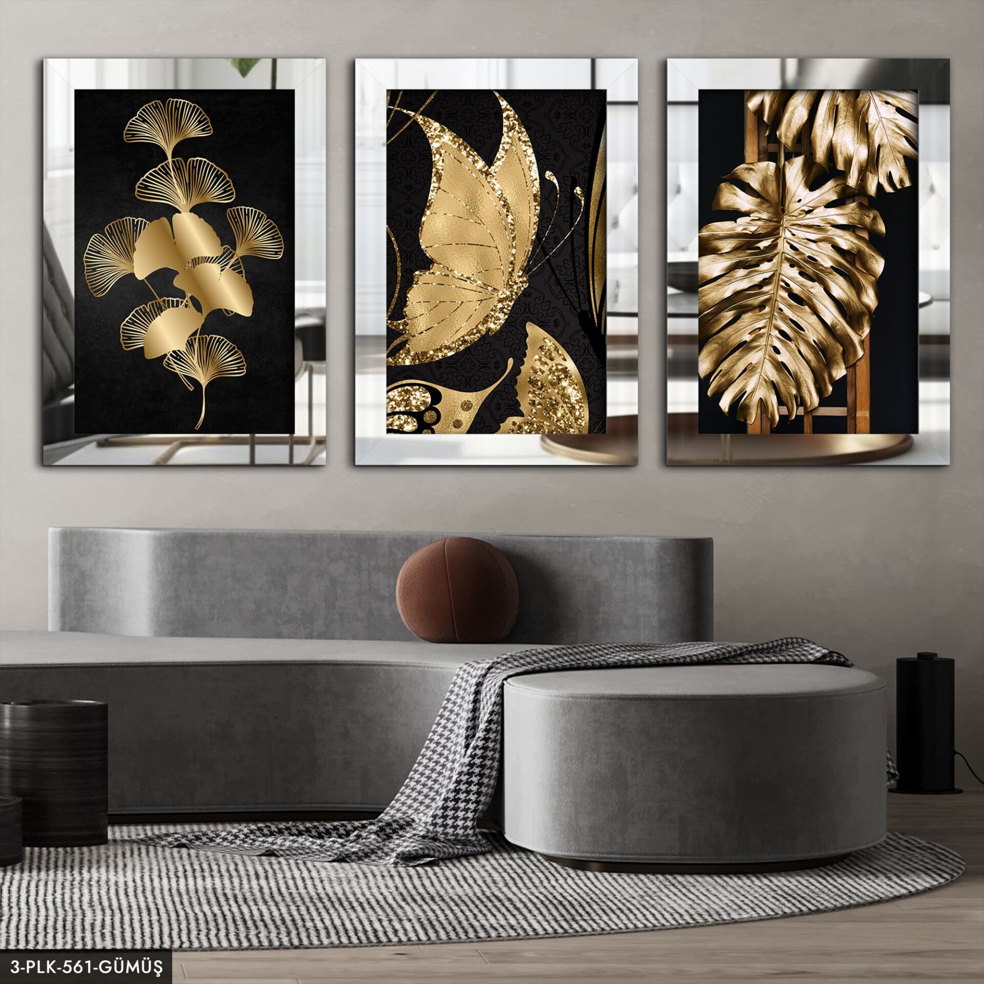 Kelebek Yaprak 3 Parça Pleksi Aynalı Tablo 60 x 80 CM - Gümüş